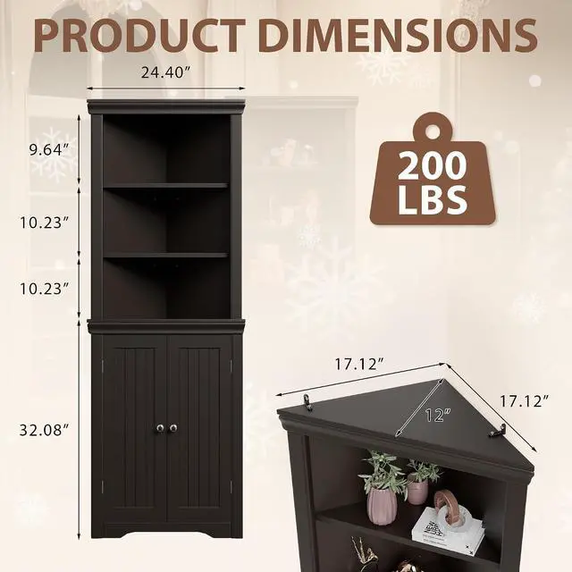 Alt view image 3 of 7 - 62" Corner Cabinet, Bathroom Storage Cabinet with 6 Adjustable Shelves & 2 Doors, Freestanding Corner Shelf for Living Room, Bathroom, Kitchen (Brown)