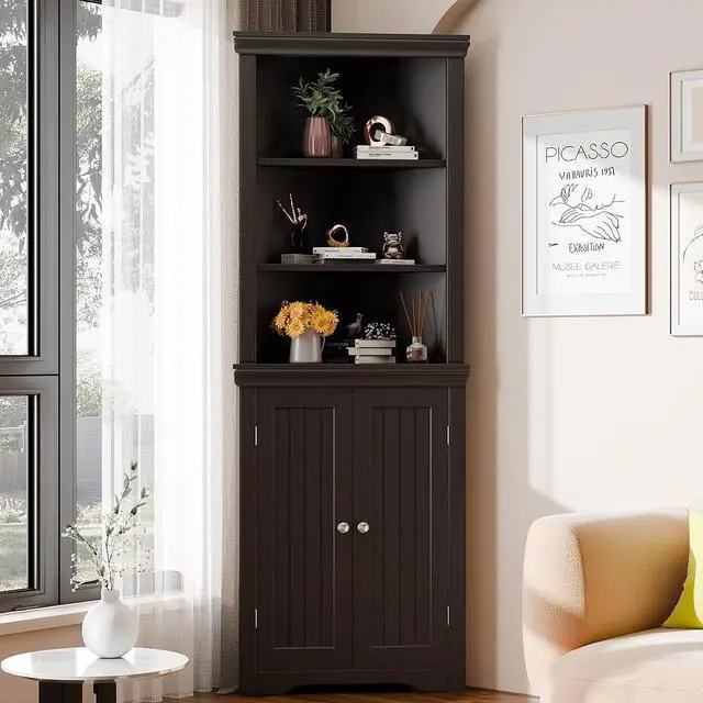 Alt view image 2 of 7 - 62" Corner Cabinet, Bathroom Storage Cabinet with 6 Adjustable Shelves & 2 Doors, Freestanding Corner Shelf for Living Room, Bathroom, Kitchen (Brown)