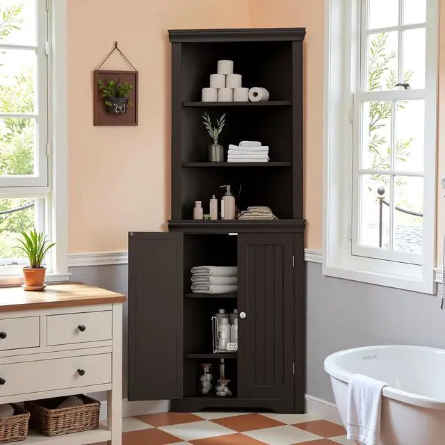 Alt view image 4 of 7 - 62" Corner Cabinet, Bathroom Storage Cabinet with 6 Adjustable Shelves & 2 Doors, Freestanding Corner Shelf for Living Room, Bathroom, Kitchen (Brown)