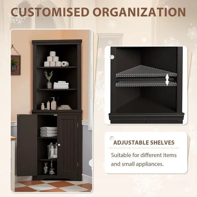Alt view image 5 of 7 - 62" Corner Cabinet, Bathroom Storage Cabinet with 6 Adjustable Shelves & 2 Doors, Freestanding Corner Shelf for Living Room, Bathroom, Kitchen (Brown)