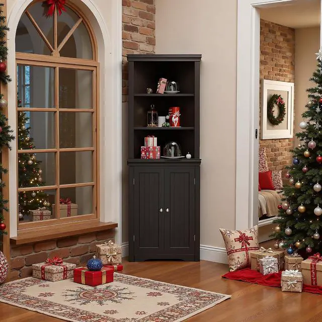 Alt view image 6 of 7 - 62" Corner Cabinet, Bathroom Storage Cabinet with 6 Adjustable Shelves & 2 Doors, Freestanding Corner Shelf for Living Room, Bathroom, Kitchen (Brown)