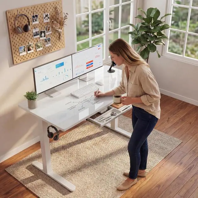 Alt view image 2 of 7 - Glass Standing Desk with Drawers, Electric Adjustable Home Office Sit Stand Desk with One-Piece Desktop & USB Charging Port for Computer Desks