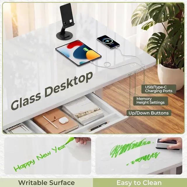 Alt view image 4 of 7 - Glass Standing Desk with Drawers, Electric Adjustable Home Office Sit Stand Desk with One-Piece Desktop & USB Charging Port for Computer Desks