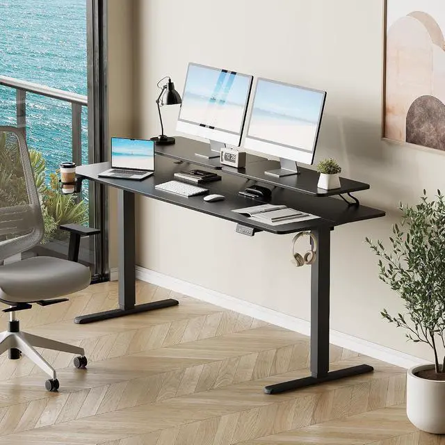 Alt view image 7 of 7 - Electric Standing Desk, 63 x 24 Inches Sit Stand up Desk, Sit Stand Height Adjustable Home Office Desk with Monitor Stand (Black, 63)