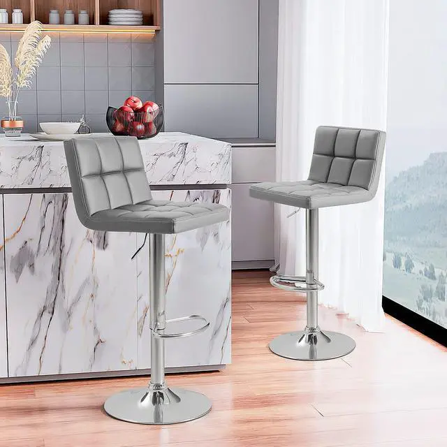 Alt view image 2 of 7 - Bar Stools Modern PU Leather Adjustable Barstools with Back Armless Hydraulic Kitchen Counter Height Swivel Bar Stool Set of 2 (Gray)