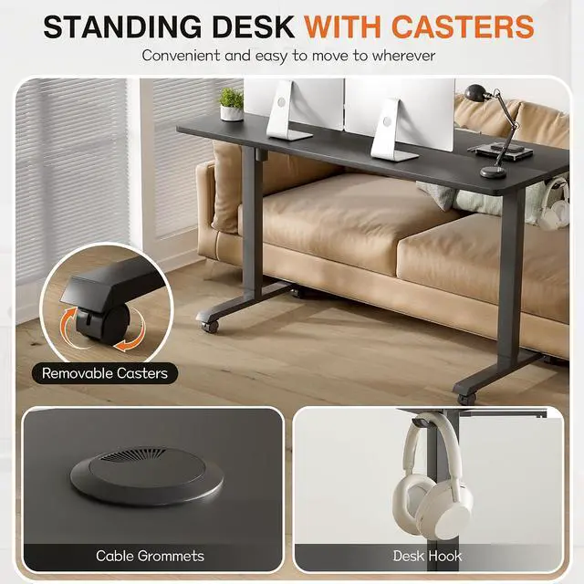 Alt view image 5 of 7 - Electric Standing Desk, 55 x 24 Inches Height Adjustable Desk with Removable Casters, Home Office Computer Desk (Carbon Black)
