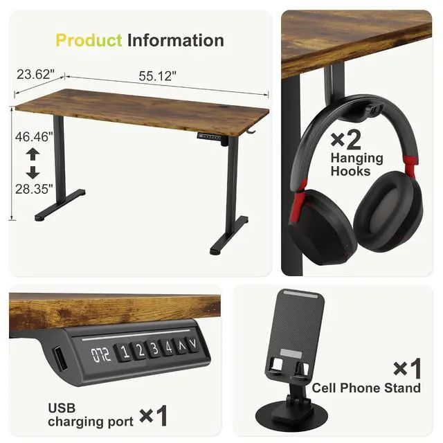 Alt view image 3 of 7 - Electric Standing Desk, 55 x 24 Inches Sit Stand up Desk, Sit Stand Height Adjustable Home Office Desk with 4 Height Position Memory (Rustic Brown, 55)