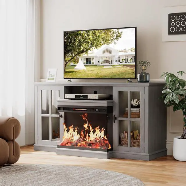 Main image of Fireplace TV Stand for TVs up to 65'', 3-Sided Glass Media Entertainment Center Console with Storage, Adjustable Flame LED Color for Living Room (Grey)