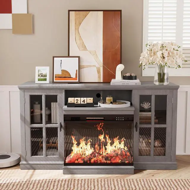 Alt view image 2 of 7 - Fireplace TV Stand for TVs up to 65'', 3-Sided Glass Media Entertainment Center Console with Storage, Adjustable Flame LED Color for Living Room (Grey)