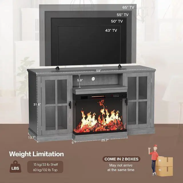 Alt view image 3 of 7 - Fireplace TV Stand for TVs up to 65'', 3-Sided Glass Media Entertainment Center Console with Storage, Adjustable Flame LED Color for Living Room (Grey)
