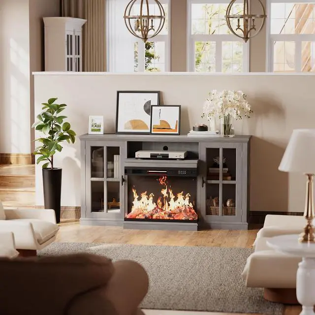 Alt view image 6 of 7 - Fireplace TV Stand for TVs up to 65'', 3-Sided Glass Media Entertainment Center Console with Storage, Adjustable Flame LED Color for Living Room (Grey)