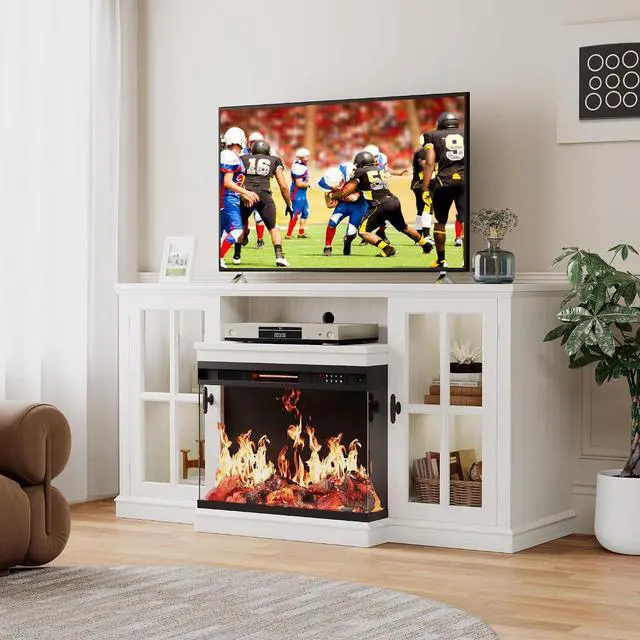 Main image of Fireplace TV Stand for TVs up to 65'', 3-Sided Glass Media Entertainment Center Console with Storage, Adjustable Flame LED Color for Living Room (White)