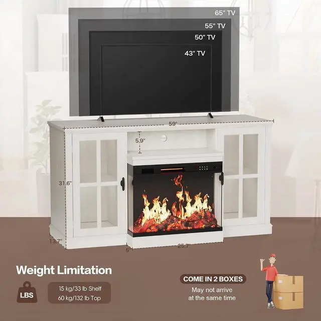 Alt view image 3 of 7 - Fireplace TV Stand for TVs up to 65'', 3-Sided Glass Media Entertainment Center Console with Storage, Adjustable Flame LED Color for Living Room (White)