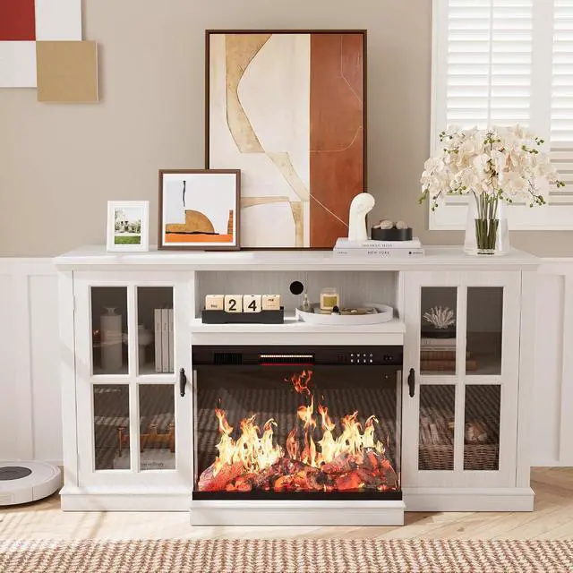 Alt view image 2 of 7 - Fireplace TV Stand for TVs up to 65'', 3-Sided Glass Media Entertainment Center Console with Storage, Adjustable Flame LED Color for Living Room (White)