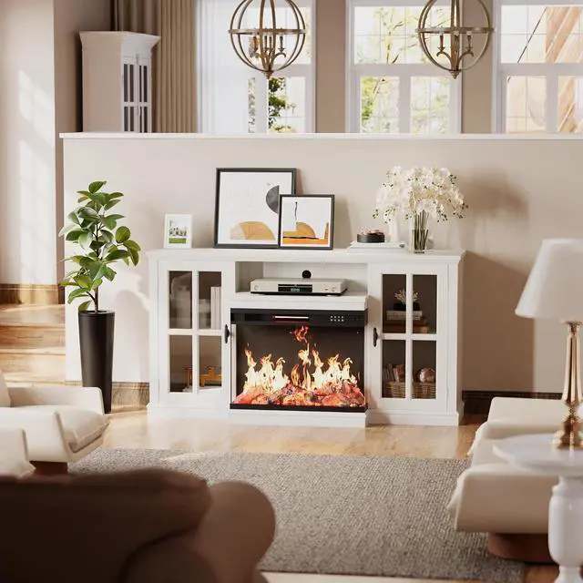 Alt view image 6 of 7 - Fireplace TV Stand for TVs up to 65'', 3-Sided Glass Media Entertainment Center Console with Storage, Adjustable Flame LED Color for Living Room (White)