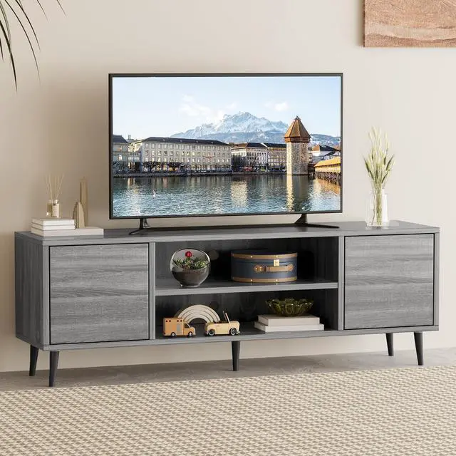 Main image of Mid Century Modern TV Stand for 65 inch TV, Entertainment Center with Storage, Media Console with Sturdy Legs, Push-to-Open Cabinets, Wooden Living Room Furniture, Bright Gray