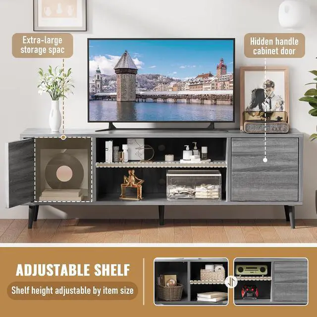 Alt view image 2 of 7 - Mid Century Modern TV Stand for 65 inch TV, Entertainment Center with Storage, Media Console with Sturdy Legs, Push-to-Open Cabinets, Wooden Living Room Furniture, Bright Gray