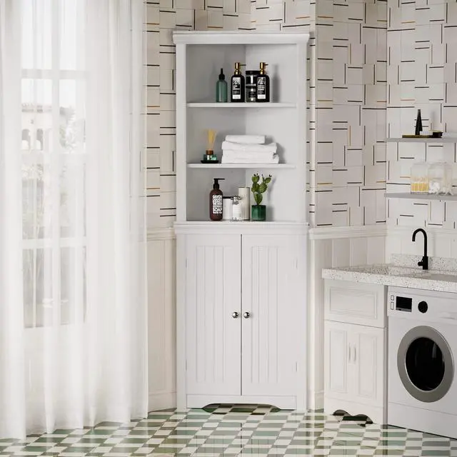 Alt view image 2 of 7 - Corner Cabinet Corner Bathroom Cabinet with 2 Doors and 3 Tier Shelves Free Standing Corner Storage Cabinet for Bathroom, Living Room, Bedroom or Kitchen (White)