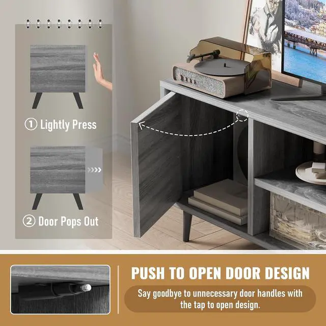 Alt view image 3 of 7 - Mid Century Modern TV Stand for 65 inch TV, Entertainment Center with Storage, Media Console with Sturdy Legs, Push-to-Open Cabinets, Wooden Living Room Furniture, Bright Gray