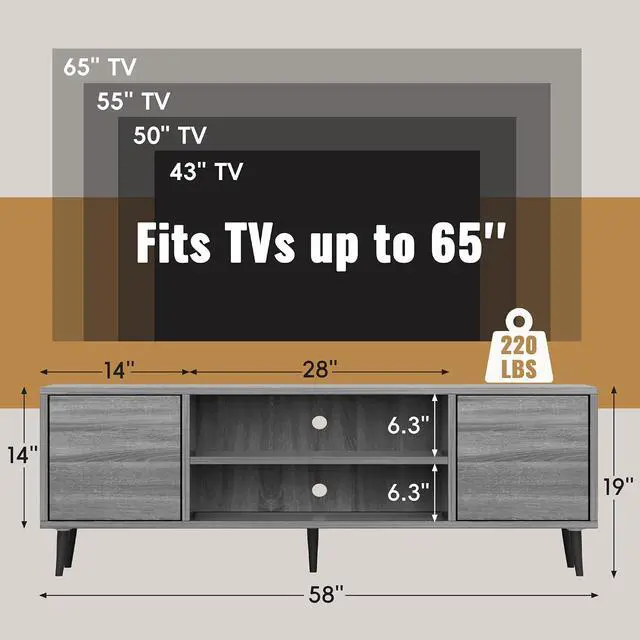 Alt view image 6 of 7 - Mid Century Modern TV Stand for 65 inch TV, Entertainment Center with Storage, Media Console with Sturdy Legs, Push-to-Open Cabinets, Wooden Living Room Furniture, Bright Gray
