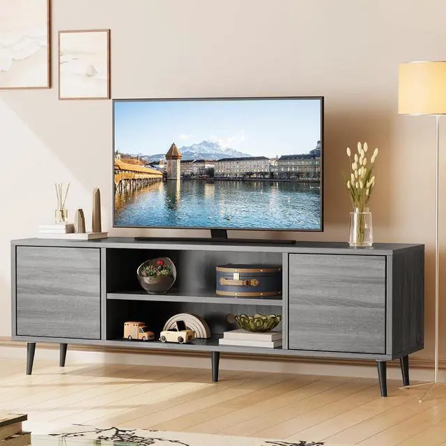 Alt view image 4 of 7 - Mid Century Modern TV Stand for 65 inch TV, Entertainment Center with Storage, Media Console with Sturdy Legs, Push-to-Open Cabinets, Wooden Living Room Furniture, Bright Gray
