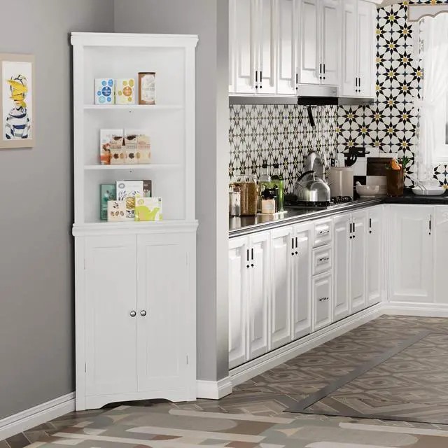 Alt view image 4 of 7 - Corner Cabinet Corner Bathroom Cabinet with 2 Doors and 3 Tier Shelves Free Standing Corner Storage Cabinet for Bathroom, Living Room, Bedroom or Kitchen (White)