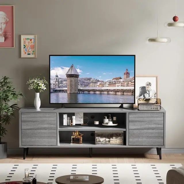 Alt view image 5 of 7 - Mid Century Modern TV Stand for 65 inch TV, Entertainment Center with Storage, Media Console with Sturdy Legs, Push-to-Open Cabinets, Wooden Living Room Furniture, Bright Gray