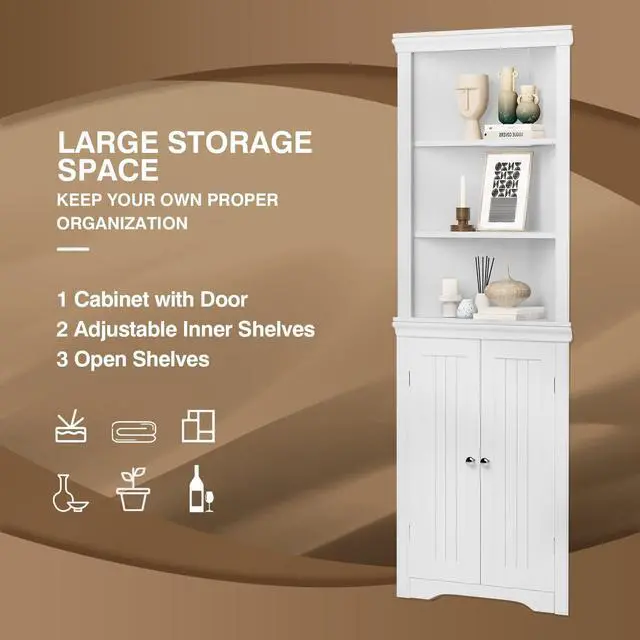 Alt view image 5 of 7 - Corner Cabinet Corner Bathroom Cabinet with 2 Doors and 3 Tier Shelves Free Standing Corner Storage Cabinet for Bathroom, Living Room, Bedroom or Kitchen (White)