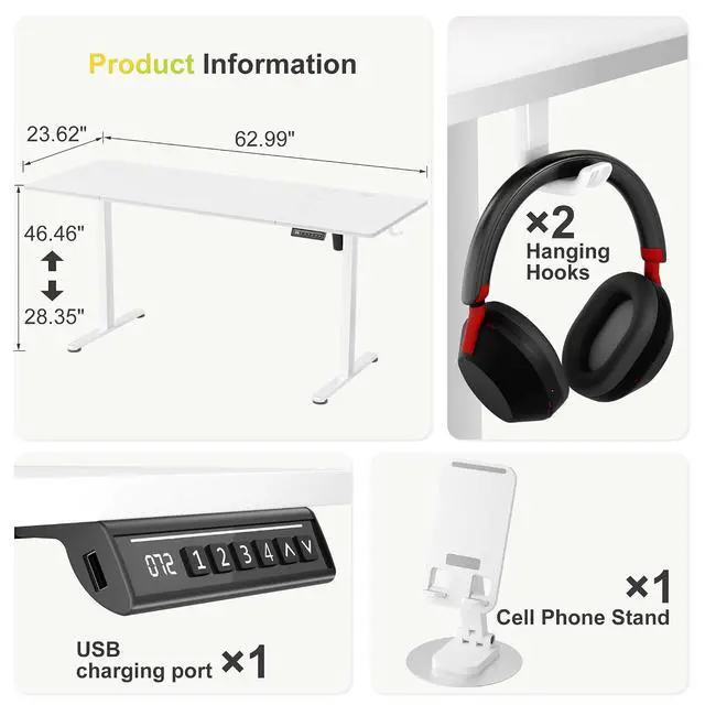 Alt view image 3 of 7 - Electric Standing Desk, 63 x 24 Inches Sit Stand up Desk, Sit Stand Height Adjustable Home Office Desk with 4 Height Position Memory (White, 63)