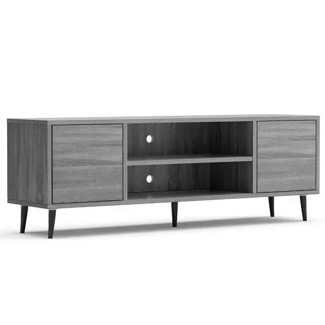 Alt view image 7 of 7 - Mid Century Modern TV Stand for 65 inch TV, Entertainment Center with Storage, Media Console with Sturdy Legs, Push-to-Open Cabinets, Wooden Living Room Furniture, Bright Gray