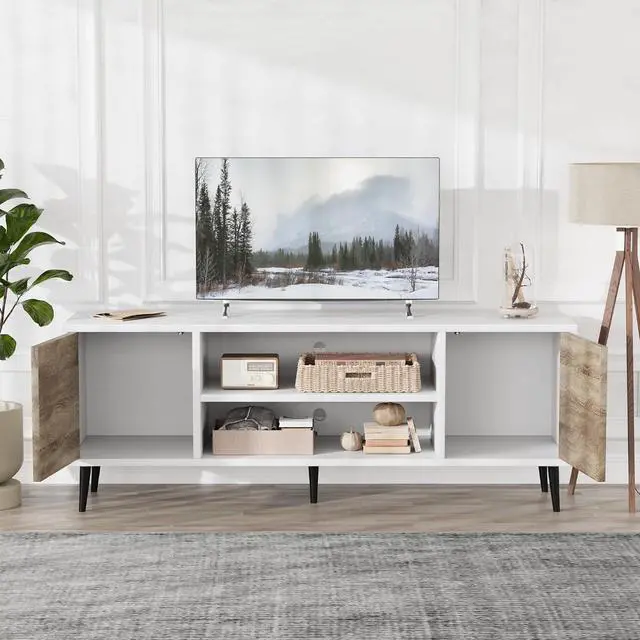 Alt view image 2 of 7 - TV Stand, 58 Inch Entertainment Center with 2 Doors and 2 Storage Cabinets for TV up to 65 inch, TV Console Table for Living Room, Bedroom, Office (White and Oak)