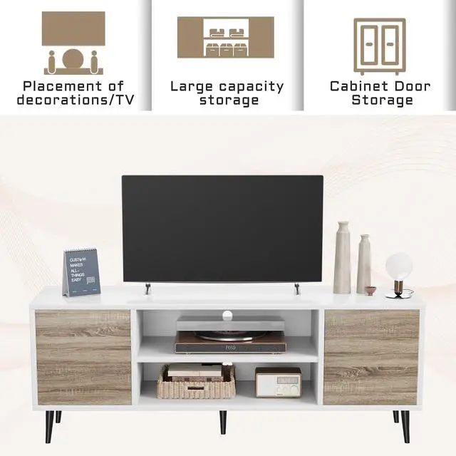 Alt view image 4 of 7 - TV Stand, 58 Inch Entertainment Center with 2 Doors and 2 Storage Cabinets for TV up to 65 inch, TV Console Table for Living Room, Bedroom, Office (White and Oak)