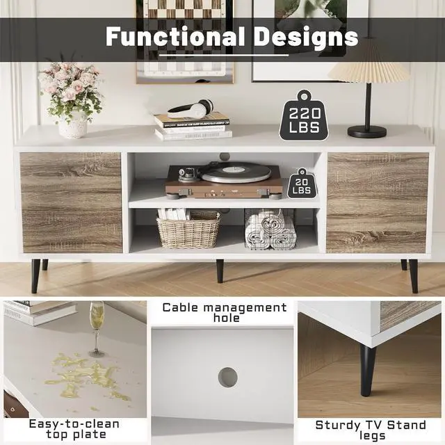 Alt view image 5 of 7 - TV Stand, 58 Inch Entertainment Center with 2 Doors and 2 Storage Cabinets for TV up to 65 inch, TV Console Table for Living Room, Bedroom, Office (White and Oak)