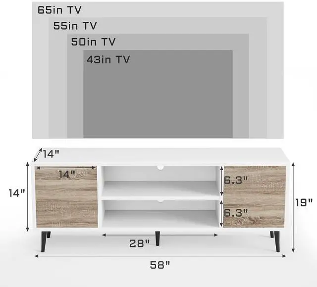 Alt view image 6 of 7 - TV Stand, 58 Inch Entertainment Center with 2 Doors and 2 Storage Cabinets for TV up to 65 inch, TV Console Table for Living Room, Bedroom, Office (White and Oak)