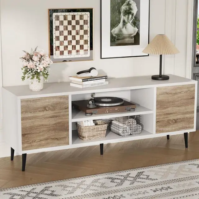 Alt view image 7 of 7 - TV Stand, 58 Inch Entertainment Center with 2 Doors and 2 Storage Cabinets for TV up to 65 inch, TV Console Table for Living Room, Bedroom, Office (White and Oak)
