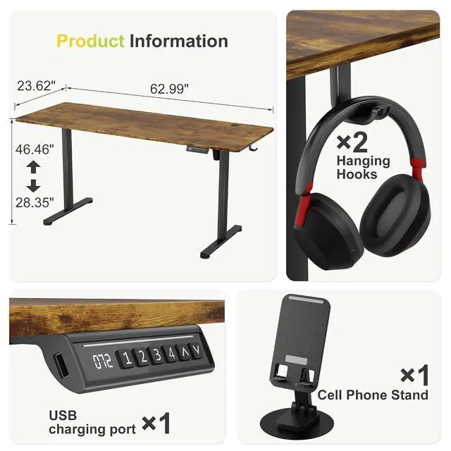 Alt view image 3 of 7 - Electric Standing Desk, 63 x 24 Inches Sit Stand up Desk, Sit Stand Height Adjustable Home Office Desk with 4 Height Position Memory (Rustic Brown, 63)