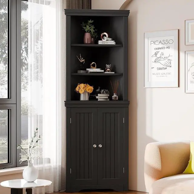 Alt view image 2 of 7 - 62" Corner Cabinet, Bathroom Storage Cabinet with 6 Adjustable Shelves & 2 Doors, Freestanding Corner Shelf for Living Room, Bathroom, Kitchen (Black)