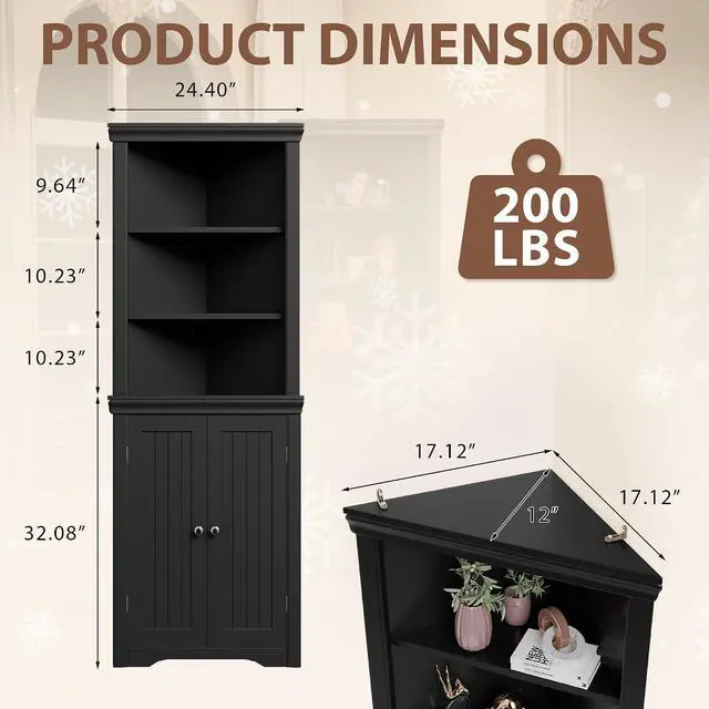 Alt view image 3 of 7 - 62" Corner Cabinet, Bathroom Storage Cabinet with 6 Adjustable Shelves & 2 Doors, Freestanding Corner Shelf for Living Room, Bathroom, Kitchen (Black)