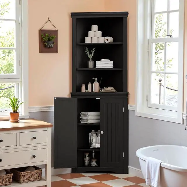 Alt view image 4 of 7 - 62" Corner Cabinet, Bathroom Storage Cabinet with 6 Adjustable Shelves & 2 Doors, Freestanding Corner Shelf for Living Room, Bathroom, Kitchen (Black)