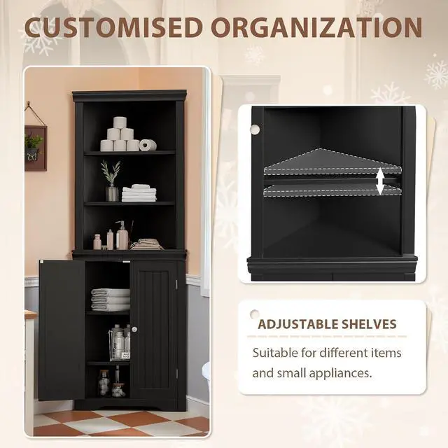 Alt view image 5 of 7 - 62" Corner Cabinet, Bathroom Storage Cabinet with 6 Adjustable Shelves & 2 Doors, Freestanding Corner Shelf for Living Room, Bathroom, Kitchen (Black)