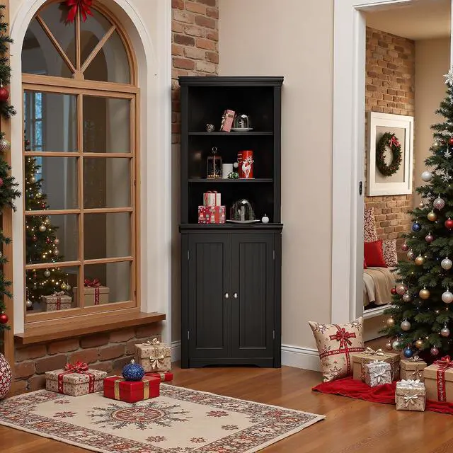 Alt view image 6 of 7 - 62" Corner Cabinet, Bathroom Storage Cabinet with 6 Adjustable Shelves & 2 Doors, Freestanding Corner Shelf for Living Room, Bathroom, Kitchen (Black)