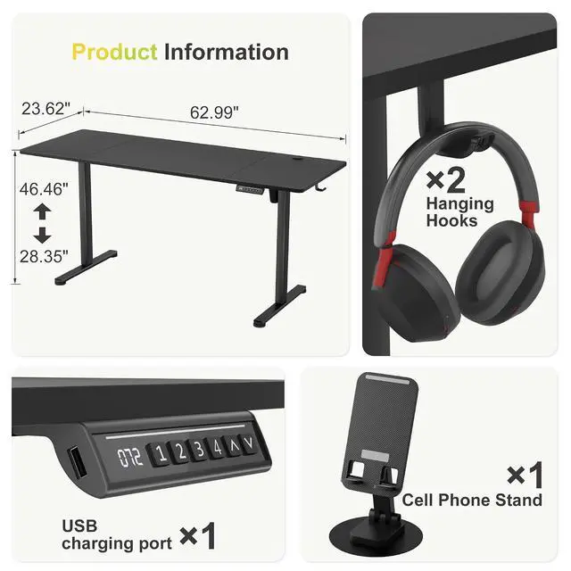 Alt view image 3 of 7 - Electric Standing Desk, 63 x 24 Inches Sit Stand up Desk, Sit Stand Height Adjustable Home Office Desk with 4 Height Position Memory (Black, 63)