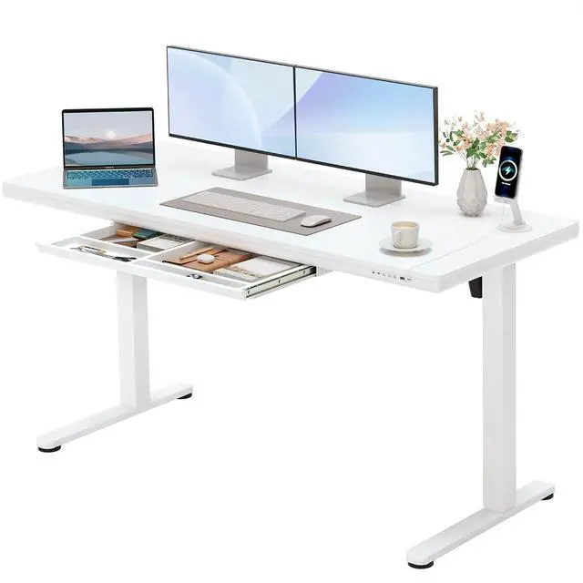 Main image of Electric Standing Desk with Drawers, Adjustable Height Home Office Sit Stand Desk with One-Piece Desktop & USB Charging Port for Computer Desks (White Desktop, 55 Inch)