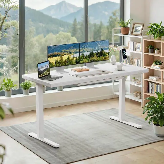 Alt view image 2 of 7 - Electric Standing Desk with Drawers, Adjustable Height Home Office Sit Stand Desk with One-Piece Desktop & USB Charging Port for Computer Desks (White Desktop, 55 Inch)