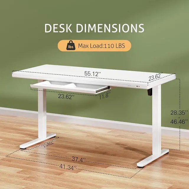 Alt view image 3 of 7 - Electric Standing Desk with Drawers, Adjustable Height Home Office Sit Stand Desk with One-Piece Desktop & USB Charging Port for Computer Desks (White Desktop, 55 Inch)