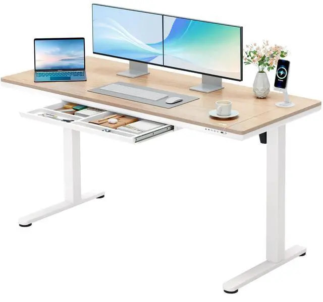 Main image of Electric Standing Desk with Drawers, Adjustable Height Sit Stand Desk with One-Piece Desktop & USB Charging Port for Home Office Computer Desks (Bamboo Desktop, 55 Inch)