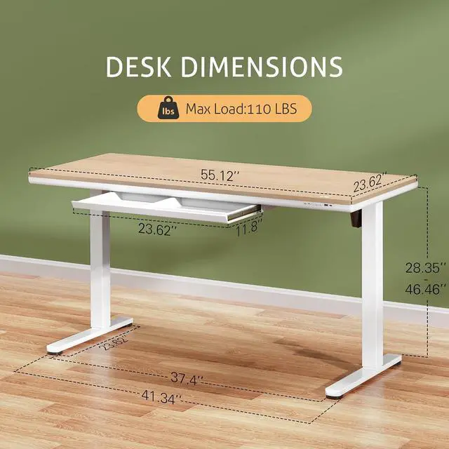 Alt view image 3 of 7 - Electric Standing Desk with Drawers, Adjustable Height Sit Stand Desk with One-Piece Desktop & USB Charging Port for Home Office Computer Desks (Bamboo Desktop, 55 Inch)