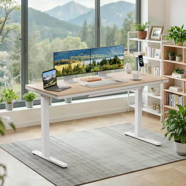 Alt view image 2 of 7 - Electric Standing Desk with Drawers, Adjustable Height Sit Stand Desk with One-Piece Desktop & USB Charging Port for Home Office Computer Desks (Bamboo Desktop, 55 Inch)