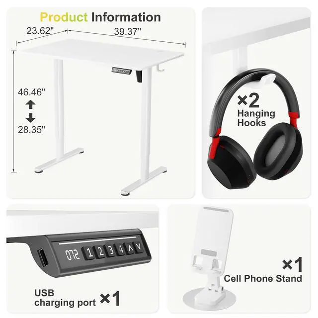 Alt view image 3 of 7 - Electric Standing Desk, 40 x 24 Inches Sit Stand up Desk, Sit Stand Height Adjustable Home Office Desk with 4 Height Position Memory (White, 40)