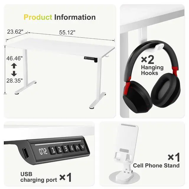Alt view image 3 of 7 - Electric Standing Desk, 55 x 24 Inches Sit Stand up Desk, Sit Stand Height Adjustable Home Office Desk with 4 Height Position Memory (White, 55)